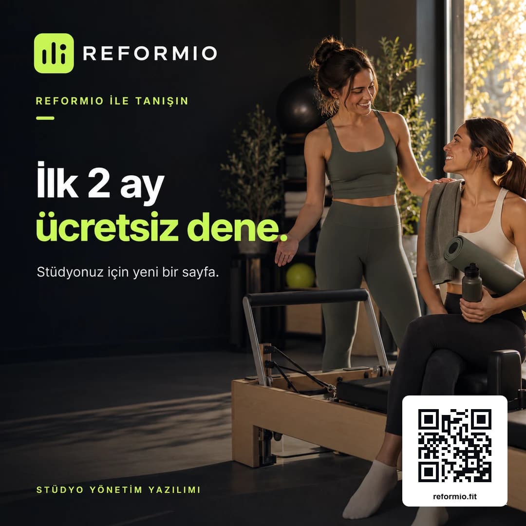 Reformio yazılımının iki aylık ücretsiz deneme duyurusu ve reformio.fit QR kodu